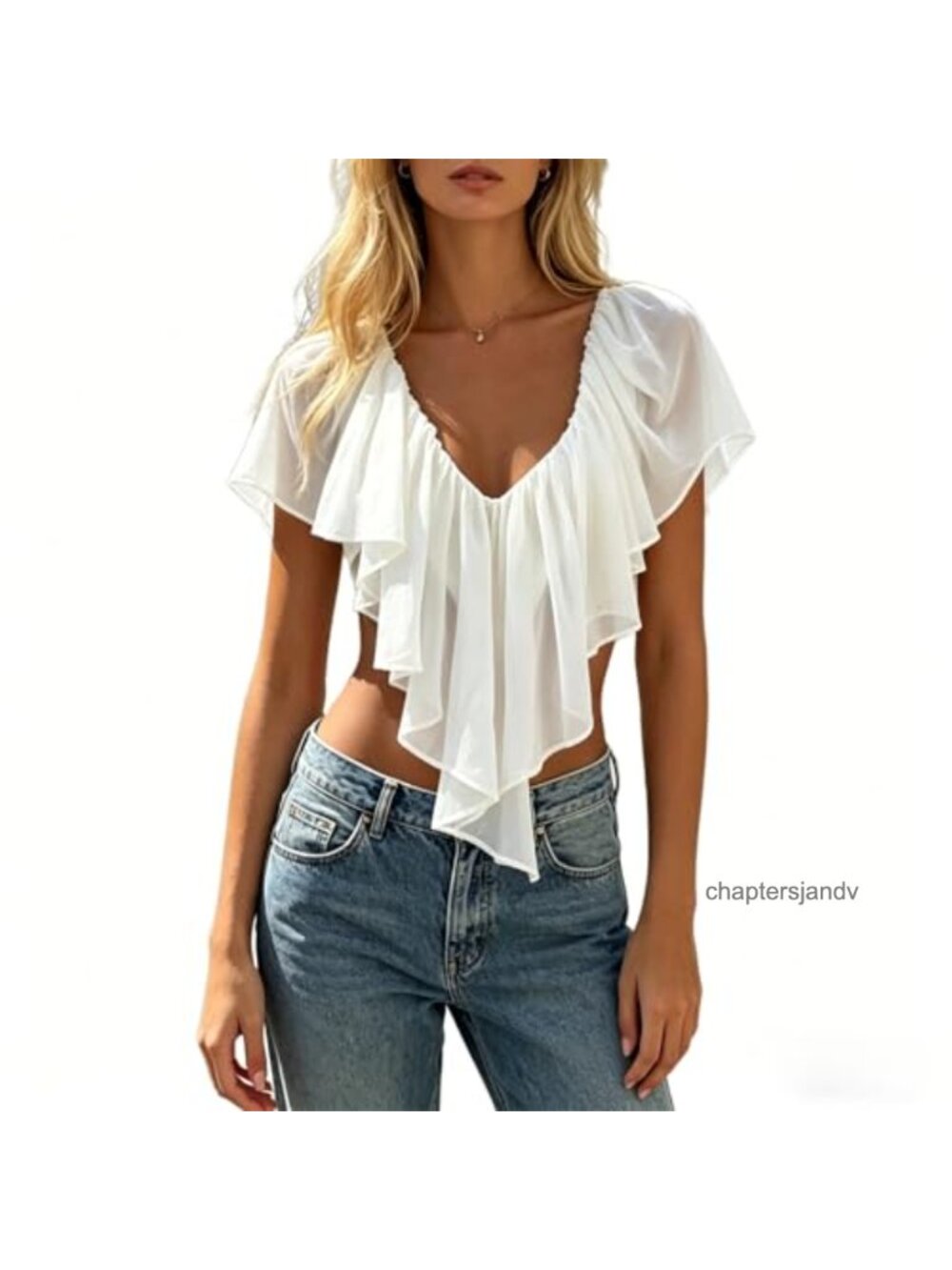 Women's Ruffled V-Neck Crop Top Lace Trim Flutter Sleeve Tie Back Boho Party